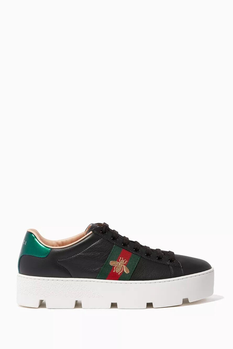 Gucci Ace Web Striped Platform Leather Low Top Sneakers Black Women's EU 38.5